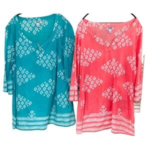 Old Navy Women’s Printed V-Neck Tunic Top - Teal & Coral